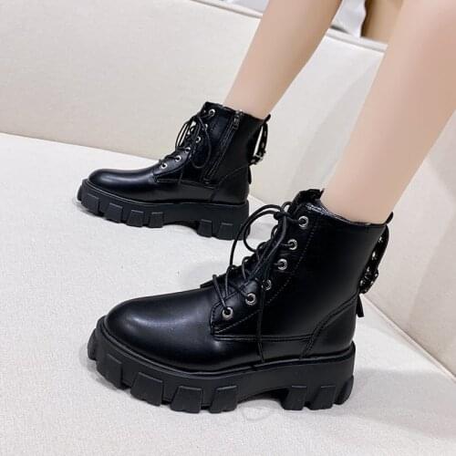 2021 Fashion Platform Buckle Lace Up Winter Ankle Boots for Women Sneakers Casual White Black Chunky Heel Ladies Shoes Lace-up