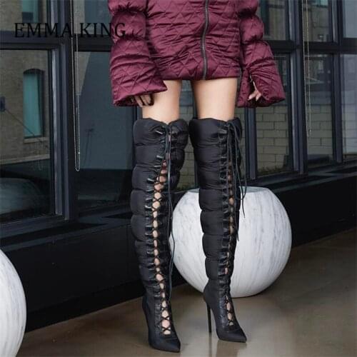 2020 Winter Design Women Booties Pointy Toe Space Cloth Puffy Lace Up Stiletto Heels Sexy Night Club Thigh High Botas Mujer