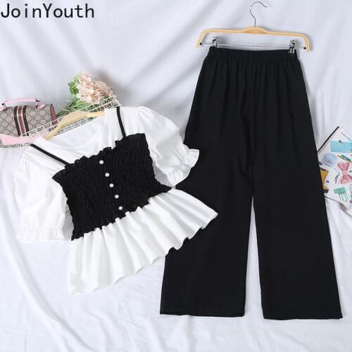 Joinyouth 2 Piece Set Women Patchwork Pleated Sweet Crop Tops + High Waist Wide Leg Pants Korean Two Piece Suits Femme Roupas