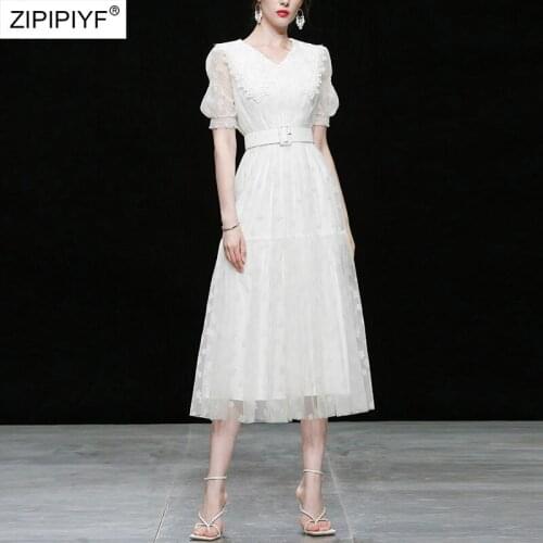 2021 Summer Runway Fashion Turn Down Neck See Through Short Sleeve High Waist Ball Gown Lace Sweet Girl Street Dresses Z433