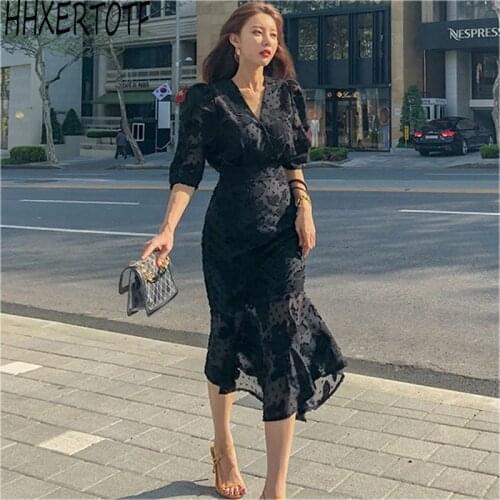 2020 summer Korean Style Office Ladies Midi Mermaid Dress Women Chiffon Three Quarter Sleeve Bodycon Ruffles Party Dresses