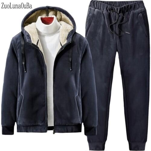 Winter Warm Thick Pants Two Piece Fleece Men Sweatshirt Long Sleeve Blue Hoodie Plus Size Elastic Pants Waistband