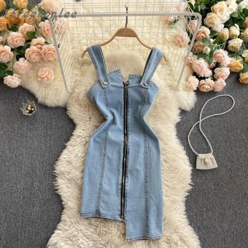 2021 Women Spaghetti Strap Summer Sexy Front Zipper Backless Bodycon Irregular Short Denim Dress Female Skinny Jeans Clothes