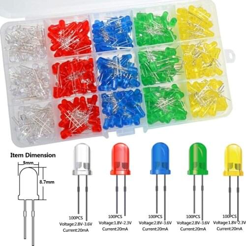 500 pcs (5*100) 5mm LED Light Emitting Diode Assortment Kit Low Voltage Diffused Diode for DIY PCB Circuit Indicator Lights