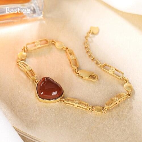 Bastiee Red Agate 925 Sterling Silver Heart Bracelet For Women Bracelets Hmong Jewelry Luxury Golden Plated Natural Stone