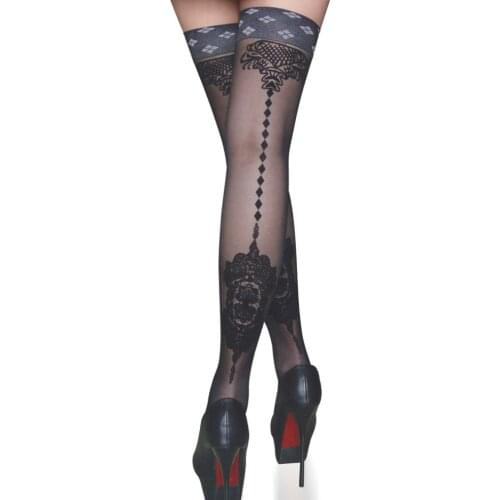 BEILEISI Womens Sexy Patterned Seamed Back Tattoo Printed Sheer Thigh High Over The Knee Stockings Nylon Socks Hosiery Lingerie