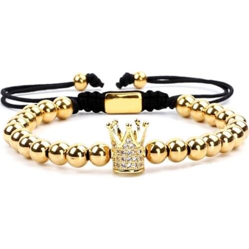 High Quality Men Women Jewelry Bracelet CZ Micro Pave Crown Ball Charm Stainless Steel Beads Macrame Bracelet Men Women