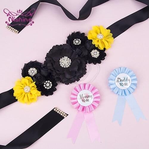 Boutique Pearls Rhinestone Flowers Women Sash and Brooch Set Cute Handmade Chiffon Floral Maternity Belts Photography Props