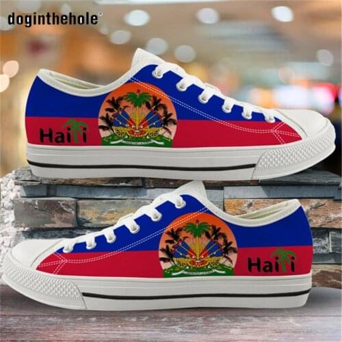 Doginthehole Haiti Flags Pattern Fashion Flats Canvas Ladies Comfortable Vulcanized Shoes for Women Travel Walking Zapatos