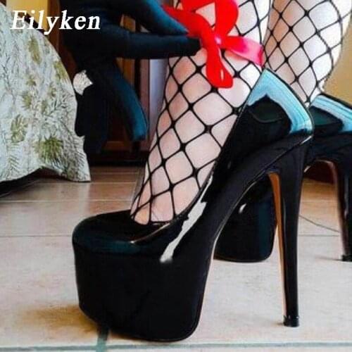 Eilyken Sexy Black Party Nightclub Stripper Pumps Woman Fashion Round Toe Platform Lace-up Thin High Heels Ankle Strap Shoes