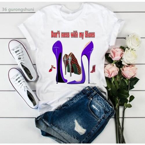 Tee shirt femme Fashion high heels print women t-shirt Summer 90s Aesthetic clothe casual girl tee White pink high quality tops
