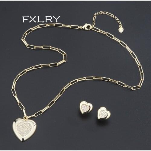 FXLRY Gold Color Heart Jewelry Sets Pendant Necklace Small exquisite Heart Stud Earring Women Jewelry