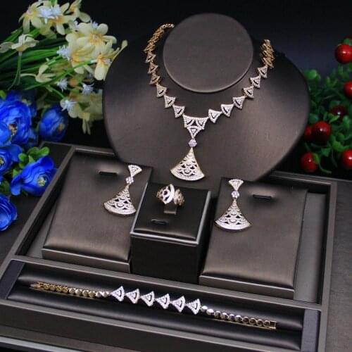 HERHOME Luxury Cubic Zirconia Necklace Bracelet Earrings and Ring 4 Pcs Dubai Full Jewelry Set for Women,Bridal Dress Dinner