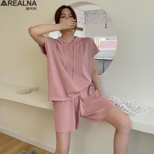 Summer Two Piece Set Tracksuit Casual Outfit Suits Women white pink loose Hooded Tops Ice silk Knitted Shorts Pants 2 Piece Sets