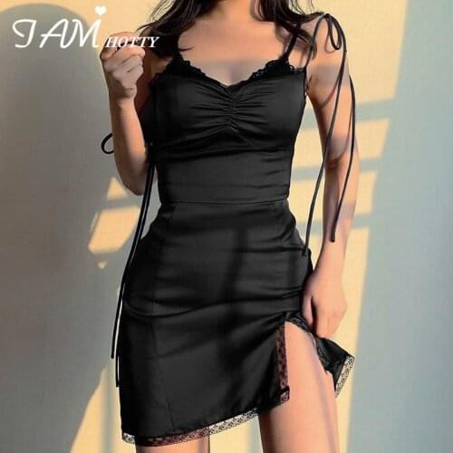 Split Lace Patchwork Satin y2k Dress Women Home Sexy Spaghetti Strap Lace Up Dark Academia Aesthetic Vintage Dresses Iamhotty