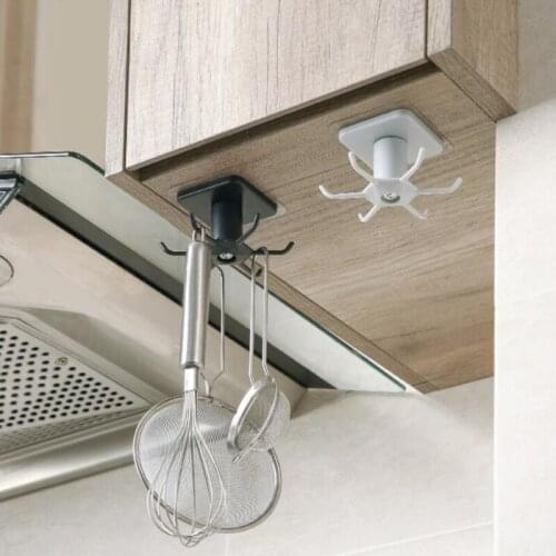 Punch-free Kitchen Wall Rotation Storage Rack Home Storage Shelf 6 Hooks Multi-Purpose Spatula Hanging Hanger