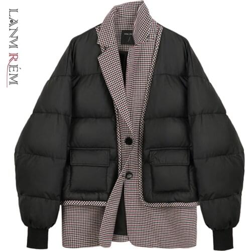 LANMREM 2021 Winter New Turn-down Collar Plaid Patchwork Single-breasted All-match Stree Wear Black Cotton Padded Jacket 2A2947