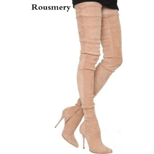Hot sale womens thigh high boots black grey beige elastic thin high heels over the knee boots pointed stretch long boots
