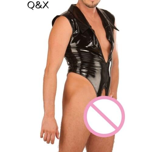 XX95 Men Faux leather Bodysuit Gay Underwear Stage Dance Wear Men Jumpsuit PVC 2018 Style Front Zipper Open Crotch Tanks