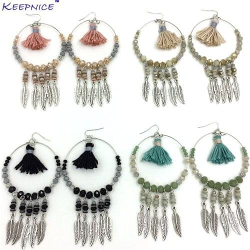 New Bohemian Style Earrings Beads Fringe Dangle Earrings Crystal Beaded Cotton Tassel Earrings Crystal Chandelier Earrings