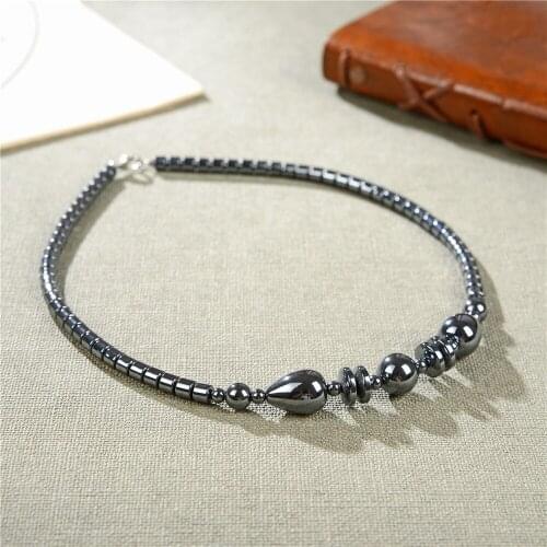 New Black Vintage Hematite Natural Stone Beads Healing Therapy Healthy Necklace Jewelry Pendant Chain for Women 18inch Y960