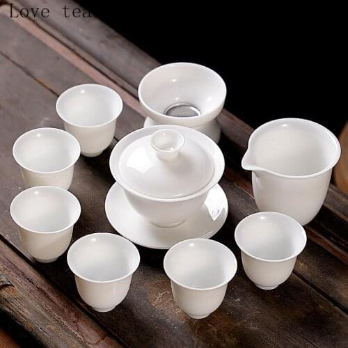 Suet Jade Kung Fu Tea Set Dehua White Porcelain Home Living Room Office Ceramic Cover Bowl Tea Cup Home Office Supplies