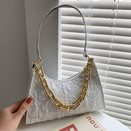 Fashion Women Pleated Flowers PU Leather Shoulder Underarm Bag Casual Ladies Thick Chain Small Handbags Purse