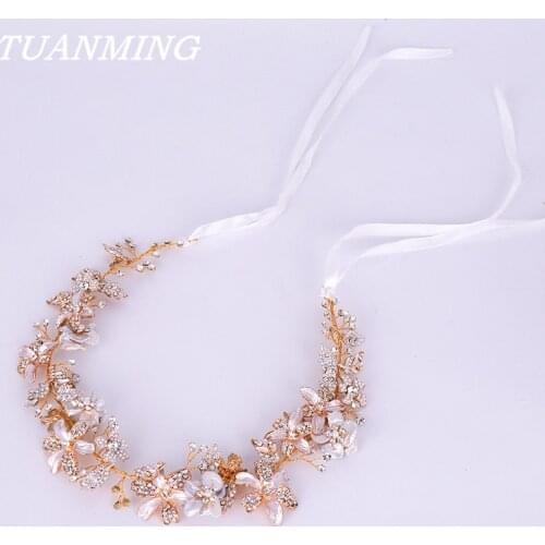 Rhinestone and Pearl Flower Bride Headband Wedding Headdress Golden Wedding Hair Band Accessories Princess Bridal Tiara Headband