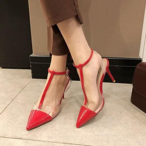 NEW Pumps 2019 new stiletto high-heeled pointed T-band wild transparent female sandals one-button buckle fairy shoes