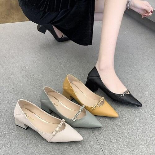 Womens pointed low heeled casual shoes office shoes comfortable and soft square heel buckle metal leather high heels