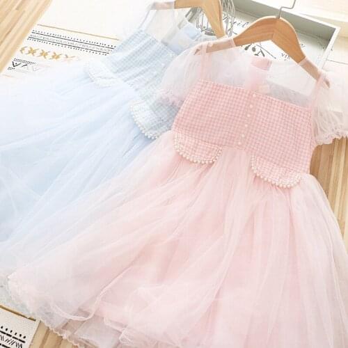 Girls plaid princess dresses wholesale baby girl pearl mesh party dress children clothes