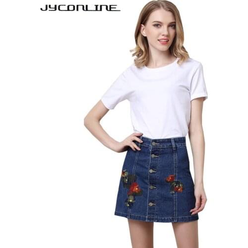 JYConline Vintage Embroidery High Waist Denim Skirts Womens Summer 2017 Floral Button Short Skirt Casual Streetwear Women Skirt