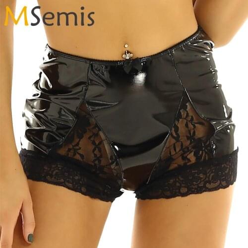 Women Sexy Lace Spliced Wetlook Leather Booty Shorts Club Rave Bottoms Pole Dance Hot Mini Underwear High Waist Latex Minishort