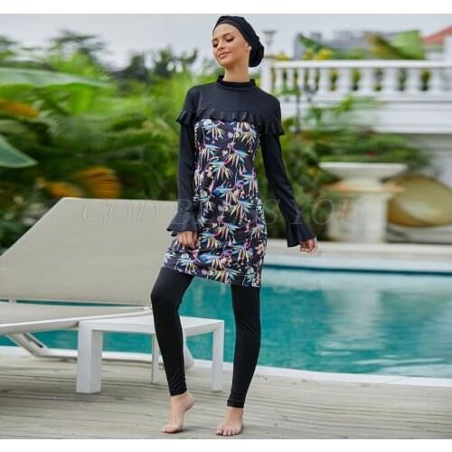 Women Muslim 3pcs Burkini with Hijab Islamic Long Sleeve Ruffled Modest Swimsuit Drop Shipping