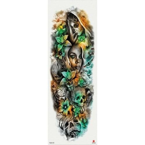 1 Piece Temporary Tattoo Sticker Yellow green skull roses pattern Full Flower Tattoo with Arm Body Art Large Fake Tattoo