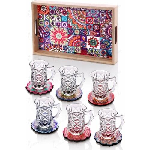 13 parça çini desenli kristal bitki çayı fincan kulplu bardak altlığı seti ahşap tepsi sunum yüksek kalite rengarenk mutfak