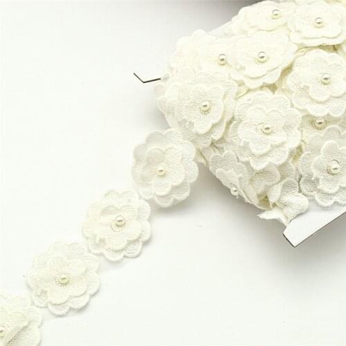14yards Beaded Pearl cream white Flower Lace Ribbon Applique Motif Trim Venise Sewing on craftLeiao Craft