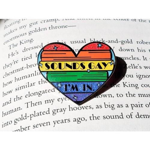 Sounds Gay I'm In Pin LGBTQ Pride Badge Rainbow Stack of Books Glitter Heart Brooch