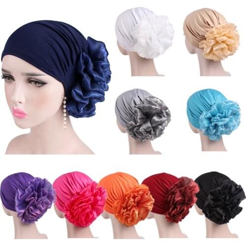 Big Flower Women Hair Caps Turban Hat Muslim Headscarf Pile Heap Cap Women Soft Comfortable Hijab Caps Islamic Chemotherapy Hat