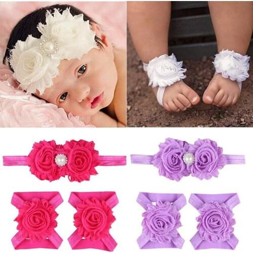Children Summer Shoes Newborn Infant Baby Girl Boy Soft Shabby Chiffon Flower Headbands Sneaker Barefoot Sandals Photo Props