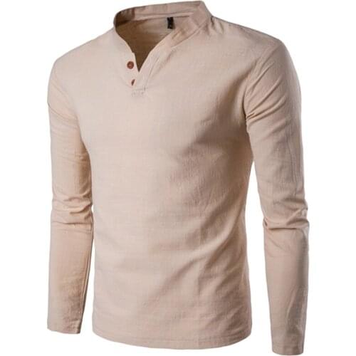 Nice Pop Fashion Trend Autumn Style T-shirt Men Solid Color Cotton Linen T Shirt Male Casual Long Sleeve Stand Collar Tops Tees