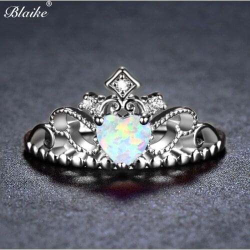 Blaike White Gold Filled White Fire Opal Heart Crown Rings For Women Men Simple Fashion Jewelry Rainbow Birthstone Ring