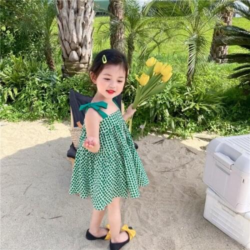 Summer girl small fresh green irregular polka dot cotton sling skirt lace princess dress