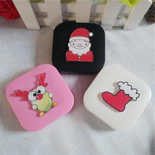 LIUSVENTINA DIY Acrylic Cute Merry Christmas Reindeer Contact Lens Case With Mirror Box Container for Contact Lens Gift for Kids