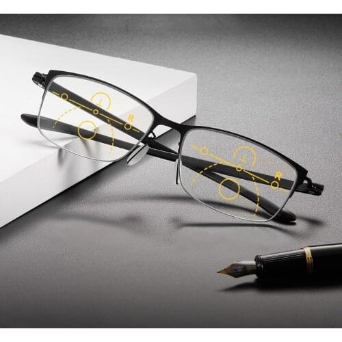 Progressive Multifocus Reading Glasses See Near and Far Women Men Ultralight Semi-rim Spring Hinges Anti Blu Ray +1 +2 +3 to +4