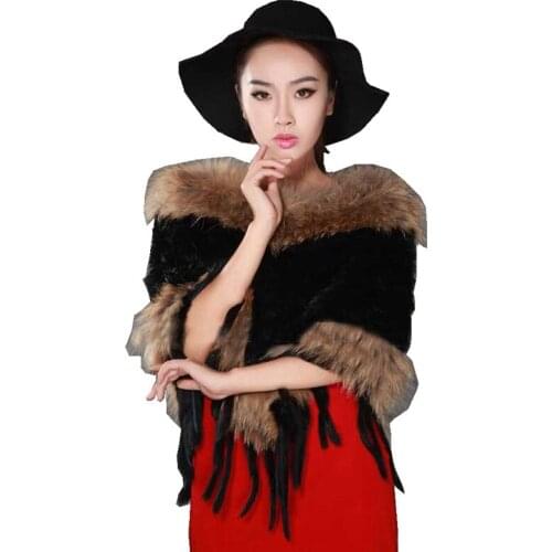 Autumn Winter Womens Genuine Real Knitted Rabbit Fur Poncho with Tassels Lady Pashmina Cloak Shawls Female Wrap VF7011