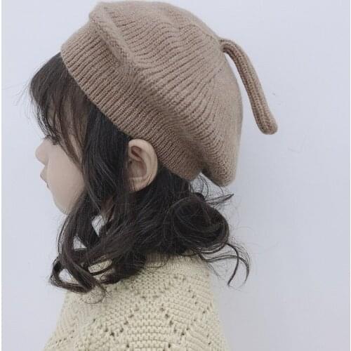 3 To 8 Years Old Autumn Child Solid Berets Cartoon Cat Ear Winter Warm Knit Kids Cap Hat Boys Girls Beret with Tail