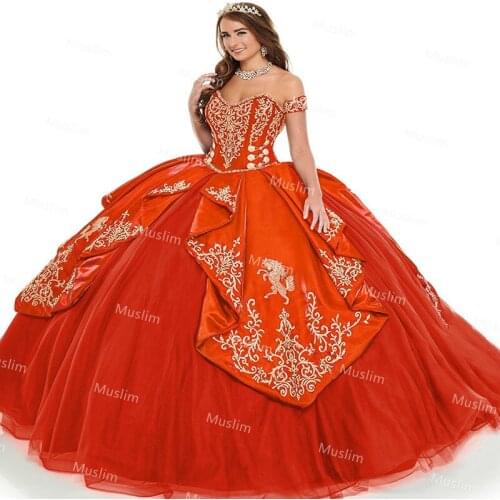 Cinderella Red Quinceanera Dresses And Gold Embroidery 2021 Ball Gown Poofy Princess Sweets 15 Years For young Girls Prom Dress