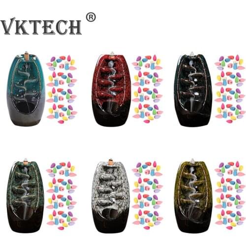 Mountain River Incense Holder Ceramic Backflow Waterfall Smoke Incense Burner Handicraft with 50pcs Cones Home Office Decor Gift