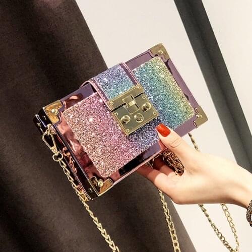 Luxury Sequins Women Crossbody Bag Box Shape Gradient Color Girls Party Bag Small Shoulder Bag Purse MD0259